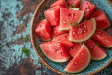 Sliced watermelon on a blue plate.