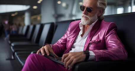 senior man with luggage talking on a phone in the airport