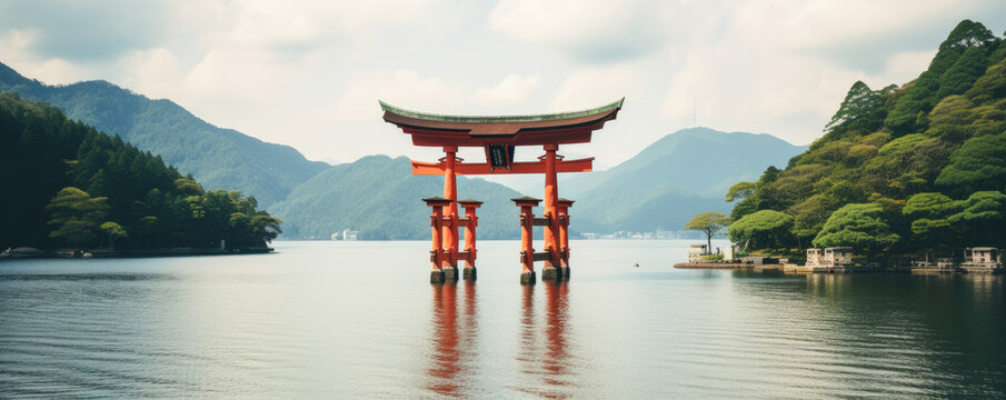 Panoramic view of red torii gate in Kyoto, Japan