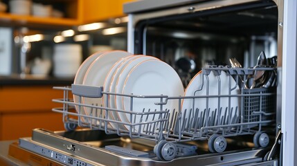 dishwasher with many plates and silverware in it 
