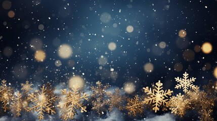 Beautiful winter background with elegant gold and navy snowflakes for seasonal design