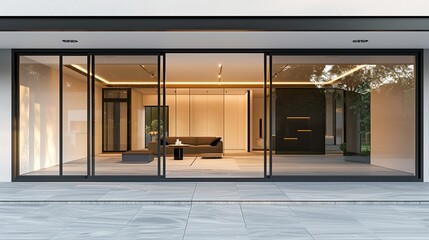 Aesthetic home entrance with large glass sliding doors with lots of copy space