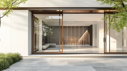 Aesthetic home entrance with large glass sliding doors with lots of copy space - obrazy, fototapety, plakaty