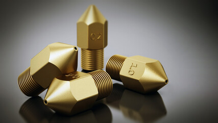 Brass 3D printer nozzles isolated on gray background. 3D illustration - obrazy, fototapety, plakaty