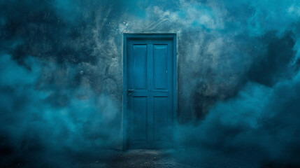 A Blue Door in the Middle of a Cloud Filled Sky