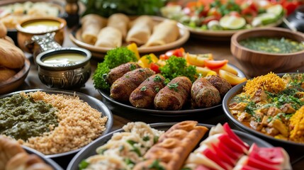 Arabic Cuisine;Middle Eastern traditional dishes and assorted meze. Vine leaves, kibbeh,chicken fatteh, spring rolls, sambusak, kibbeh nayyeh, makdous, haloumi, olives, eggplant fatteh and salads. - obrazy, fototapety, plakaty