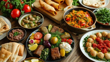 Arabic Cuisine;Middle Eastern traditional dishes and assorted meze. Vine leaves, kibbeh,chicken fatteh, spring rolls, sambusak, kibbeh nayyeh, makdous, haloumi, olives, eggplant fatteh and salads.