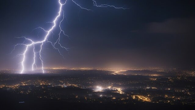 lightning in the city This is a photo realistic image of a lightning strike over a city at night, creating a stunning contrast between the bright white bolt and the dark blue 