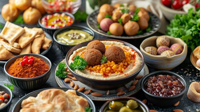 Arabic traditional cuisine. Middle Eastern colorful hummus, pita, falafel, dolma, baklava, halva, rahat lokum, sherbet, nuts, dried fruits. Mediterranean assorted appetizers, abundance concept.