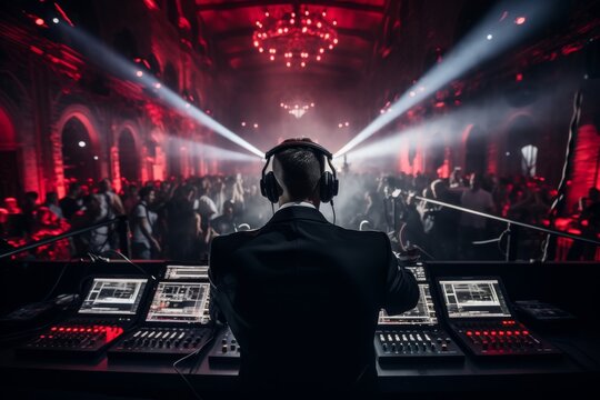 A lone figure immersed in sound, surrounded by a sea of eager faces, skillfully controls the beats and melodies of the night on his dj console at an electrifying indoor concert
