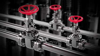 Oil pipes with yellow valves against black oil drums background. 3D illustration