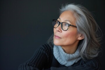 Portrait of a mature Asian woman with gray hair against a dark concrete wall background.