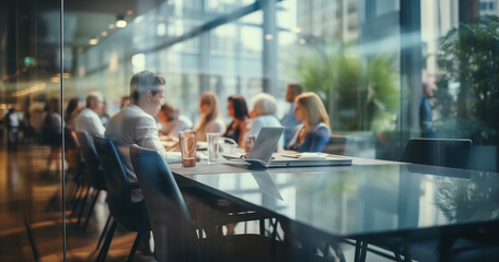 Fototapeta na wymiar A group of people meet at a conference table inside a glass room.