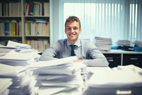 Smiling young businessman sitting at his desk in office and looking at camera