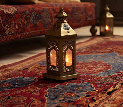 Arabic Lantern on a oriental carpet in a richy decorated traditional arabic room. Ramadan Kareem background.