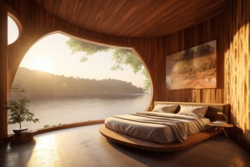 A cozy indoor oasis, with a circular bed frame nestled against a wall adorned with wooden panels, complete with plush pillows and luxurious linens, overlooking a serene lake through a large window fr