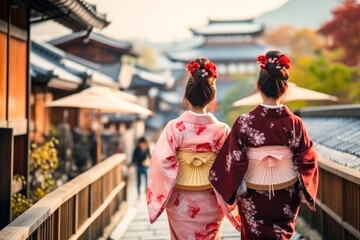 Obraz premium Back view of two girls in kimono walking on the street in Japan