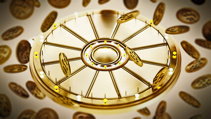 Prize wheel and gold coins with dollar icon on blue background. 3D illustration