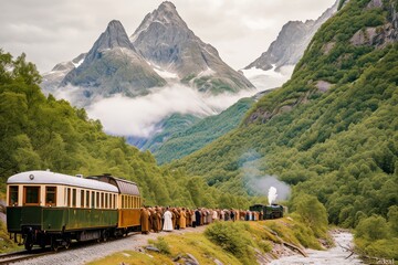 Vintage steam train traveling through a lush green valley with towering mountain peaks in the background, invoking a sense of adventure and nostalgia.