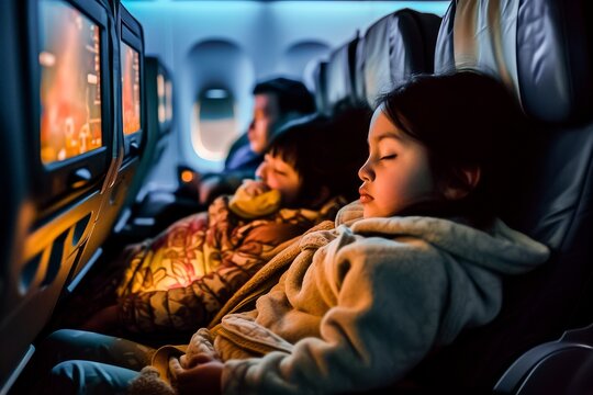 A peaceful image of a child sleeping soundly on an airplane during a night flight, with dim cabin lights and entertainment screens glowing.