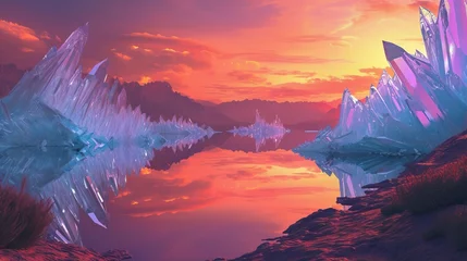 Zelfklevend Fotobehang Fantasy Crystal Landscape at Sunset in Anime Art Style © Franklin