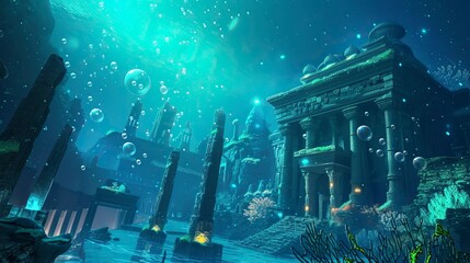Enigmatic Underwater Ruins in a Mystical Anime World - obrazy, fototapety, plakaty