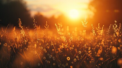 meadow field bathed in the warm hues of the sunset. Convey the serene beauty of nature at its golden hour