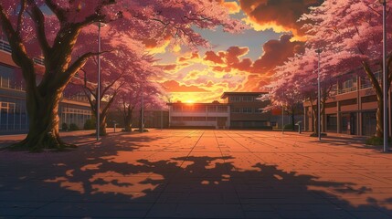 Anime Schoolyard with Cherry Blossoms at Sunset