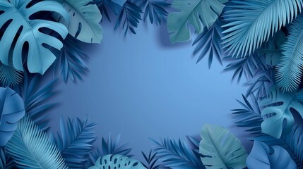 Fototapeta na wymiar Layered Tropical Leaf Paper Sculptures on Vector Blue