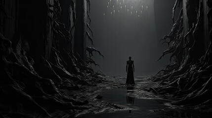 A grim figure stands in the gloom. The concept of loneliness. - obrazy, fototapety, plakaty