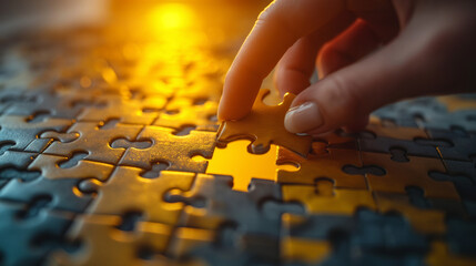 Person Placing Puzzle Piece: Solving the Puzzle - obrazy, fototapety, plakaty