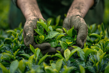Hands of plantation worker harvesting tea