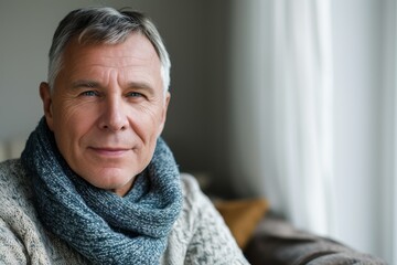 Warm, family-oriented studio portrait of a loving middle-aged man (50-55 years) in casual, comfortable attire, against a cozy, homely background. Affectionate, caring expression, family values theme.