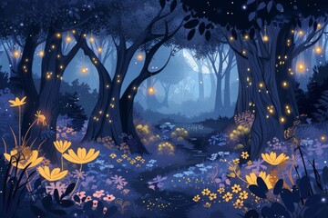 Whimsical illustration of a magical forest with fairytale creatures and glowing lights - obrazy, fototapety, plakaty