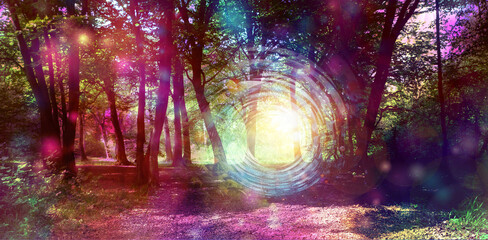 Metaphysical Energy Portal in Beautiful Ethereal Woodland Copse - surreal colourful woods with a bright spiralling energy light  portal between the trees and copy space
