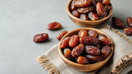 Bowls of dried dates and kitchen napkin on gray textured background