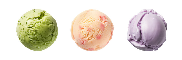 A set of scoops of pistachio, peach and lavender ice cream isolated on a transparent background....