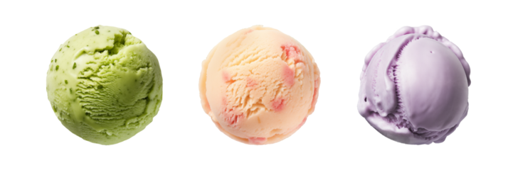 A set of scoops of pistachio, peach and lavender ice cream isolated on a transparent background. Delicacy for children and adults. A design element to be inserted into a design or project.