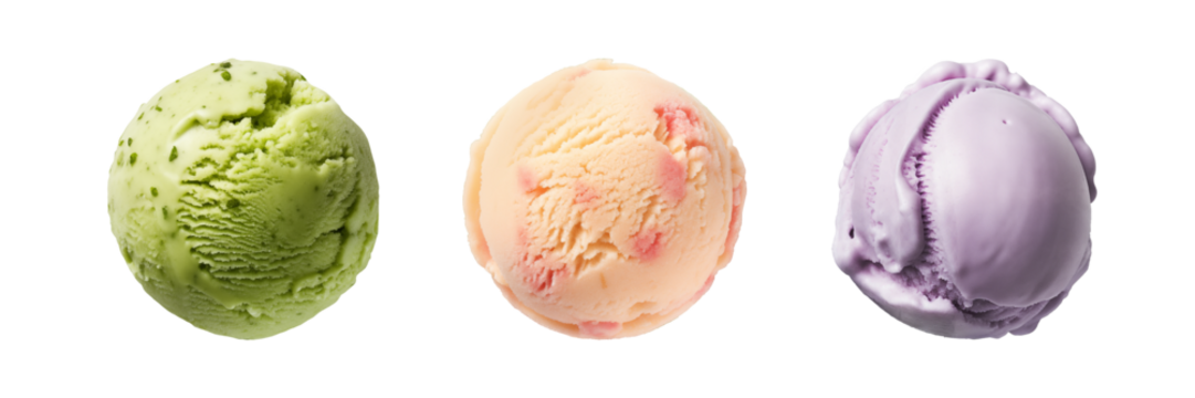 A set of scoops of pistachio, peach and lavender ice cream isolated on a transparent background. Delicacy for children and adults. A design element to be inserted into a design or project.