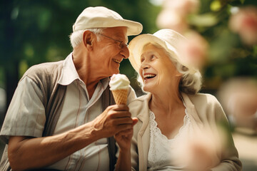 An elderly couple eating ice cream in summer park