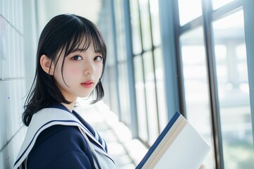 セーラー服を着た本を持つ日本人の女子高生の横顔（制服・中学生・高校生） - obrazy, fototapety, plakaty