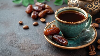 Cup of coffee and dry dates on saucer ready to eat for iftar time. Islamic religion and ramadan concept.