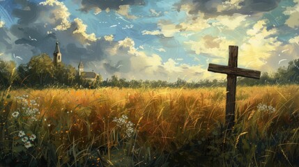 cross in the field illustration. - obrazy, fototapety, plakaty