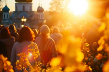 Fototapeten kyiv, ukrainians celebrate orthodox easter near church in may , lens flare, yellow and golden © Наталья Добровольска