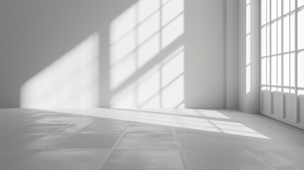 Empty gray studio room with abstract white background and blurred backdrop for product presentation, featuring window shadows. 