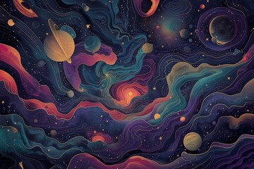 Cosmic maze of stars and planets illustration - obrazy, fototapety, plakaty