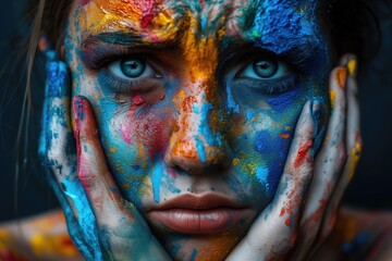 Portrait of a woman made of different emotions and colors flow and mix with each other