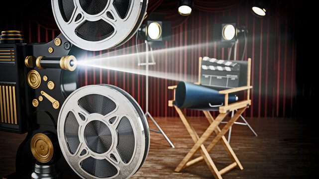 Vintage camera, director's chair, clapperboard and horn in studio. 3D illustration