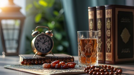 Iftar time cincpet. Kurma or dates fruit with glass of water, holy Quran, alarm clock showing 6 o'clock and prayer beads on the table. --ar 16:9 --v 6 Job ID: 74892f93-4385-4cfb-a858-de29ce14e761
