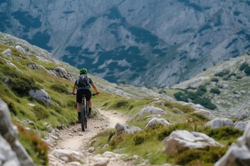 Fototapeta na wymiar A person riding a bicycle on a mountain trail